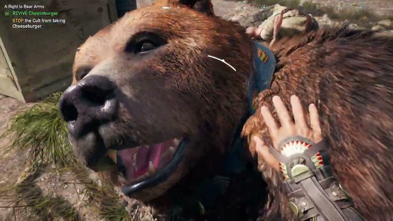 Far Cry 5 killing bad guys with cheeseburger the bear