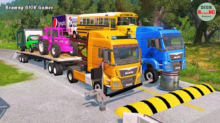 Double Flatbed Trailer Truck cars vs rails tractor vs train cars vs bollards Beamng Drive 802