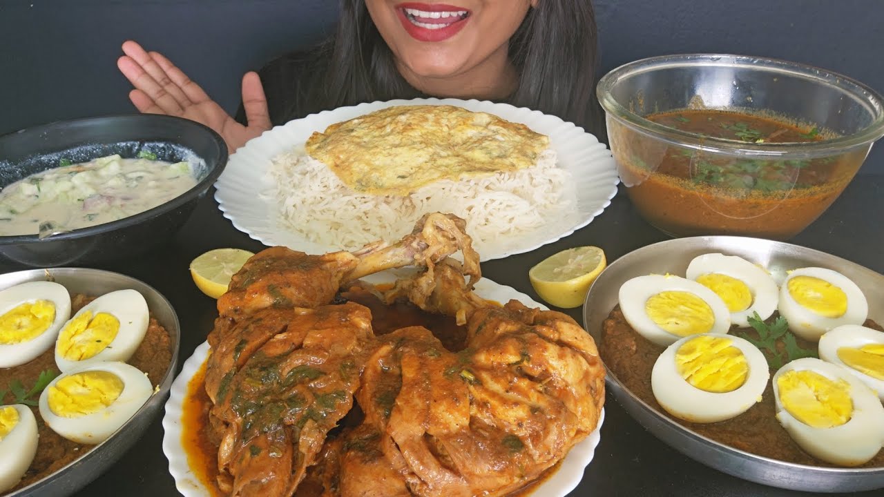 SPICY CHICKEN LEG WITH BOILED EGG MASALA, RICE, EXTRA GRAVY AND EGG OMLET AND SALAD | SPICY MUKBANG 