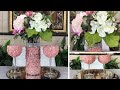 DIY Pink and White Lit Flower Arrangement / Crushed Glass Candle Holder Vase