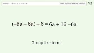 Linear equation with one unknown: Solve -(5a+6)=2(3a+8) step-by-step solution