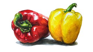 기초 수채화 파프리카 그리기, Red & Yellow Pepper Watercolor Painting
