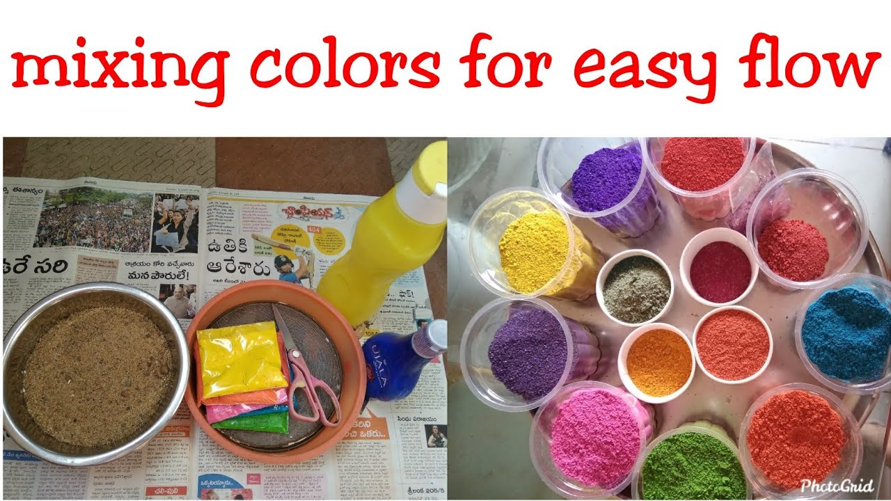 Mixing Rangoli Colors at home with stepsfor easy flow Rangoli