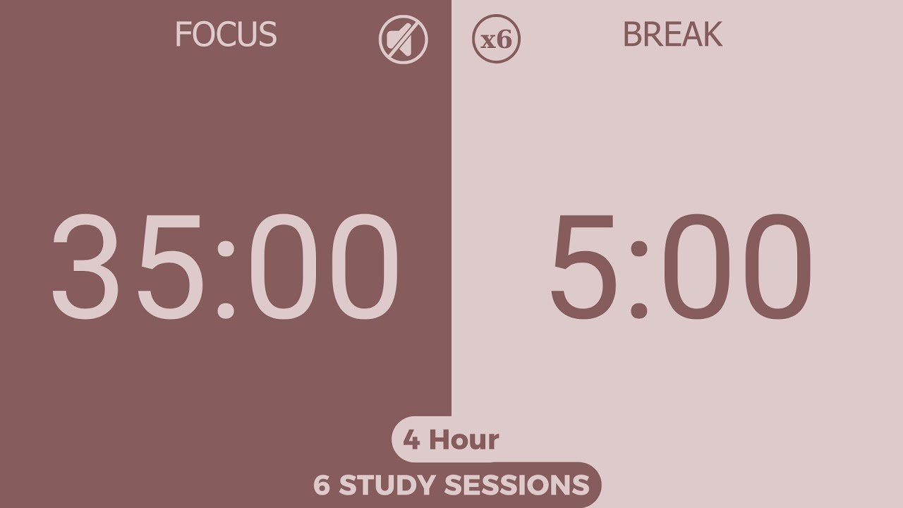 4-Hour Silent Pomodoro Timer (35/5) | No Music | Study, Focus, ADHD, Deep Work