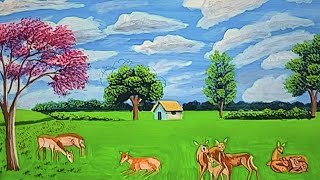Beautiful Landscape Scenery Painting |Indian Rural Landscape Scenery Painting With Acrylic Color .