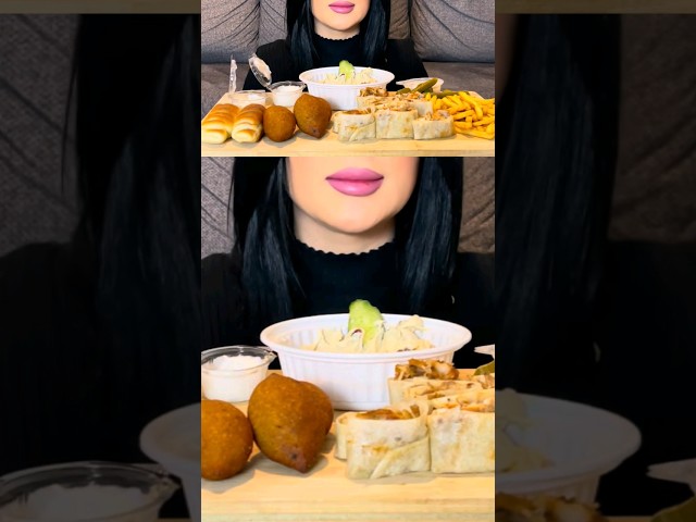 ASMR MIDDLE EASTERN FOOD | EATING CHICKEN SHAWARMA, HUMMUS, FRIED KIBBEH AND FRIES MUKBANG