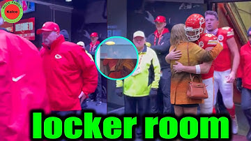 Travis Kelce hugging Fiancé Taylor Swift in the Chiefs