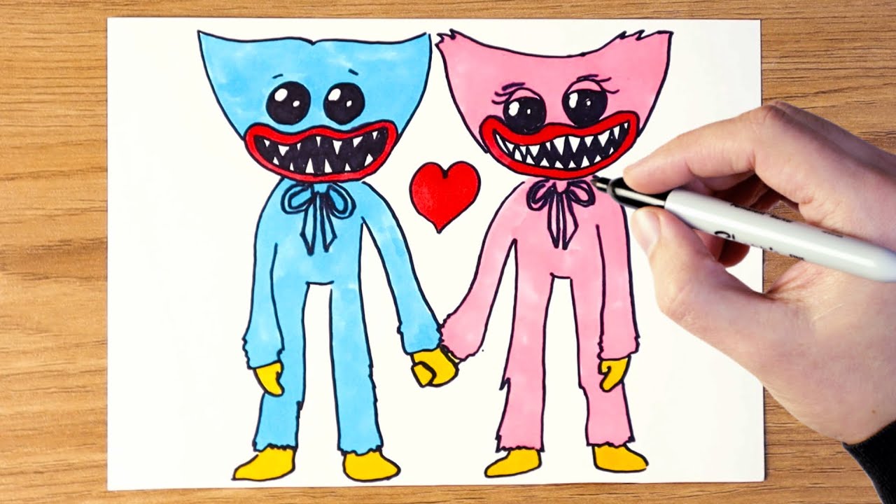 How to Draw Huggy Wuggy and Kissy Missy holding hands: easy drawing