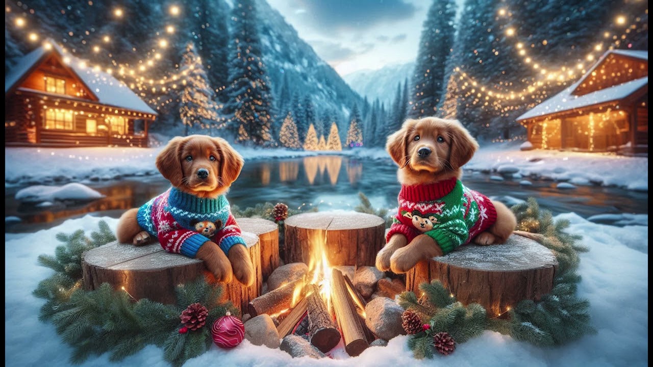 Fire Crackle Sound with Christmas Dog  Wallpaper / Background