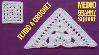 Cómo Tejer Medio Granny Square a Croché/Medio Cuadrado Tejido a Crochet/Cómo Tejer Mitad de Cuadrado