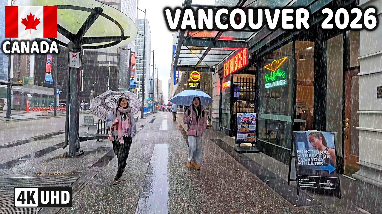 🇨🇦 【4K】⛈️⛈️⛈️ Heavy Rainstorm in Downtown Vancouver  BC, Canada. Jan- Feb 2026. Go Pro Hero 13.