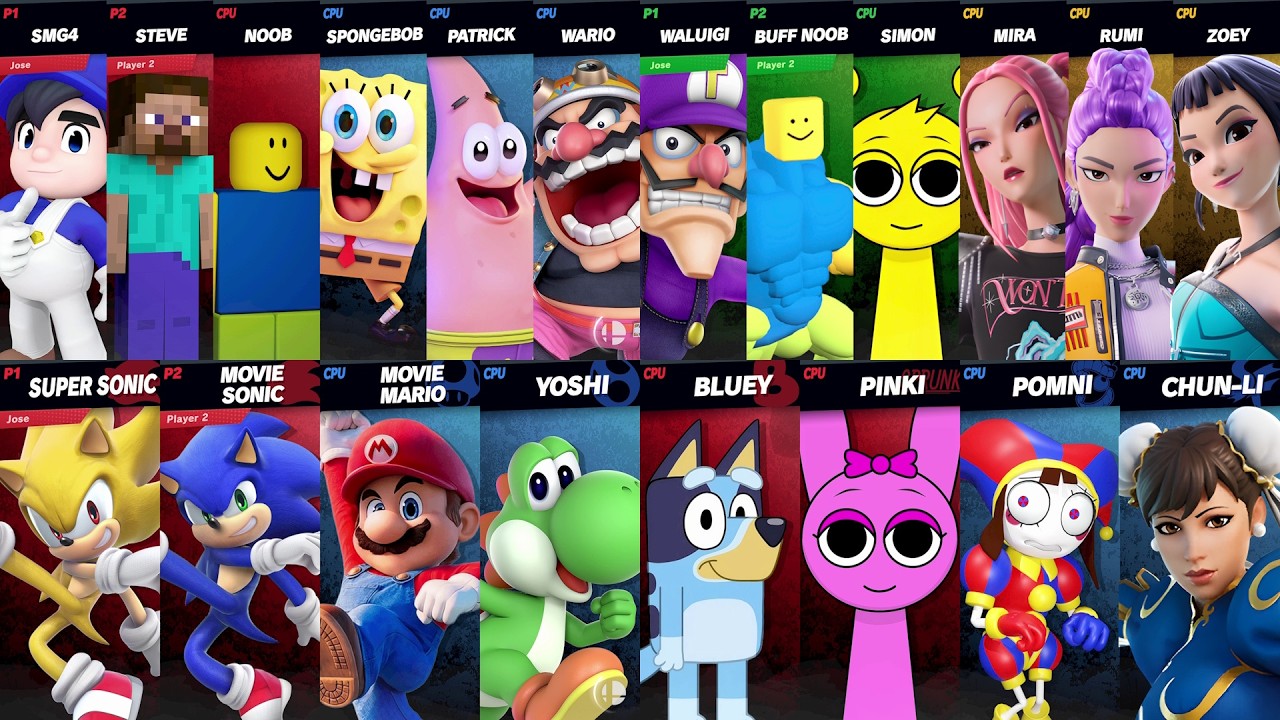 NEW Sonic vs Mario vs Roblox vs Minecraft vs Fortnite vs Bluey vs Steve in Super Smash Bros Ultimate