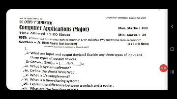 Computer Applications (Major) | UG 1st Semester Kashmir University | Question Paper 📃