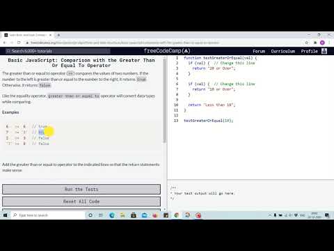Lesson 64 - Comparison with greater than or equal to operator - freecodecamp