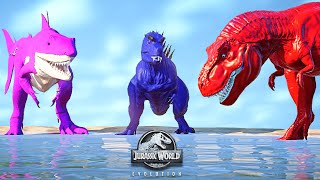 Red Tyrannosaurus Rex, King Shark, Godzilla, Spinosaurus Dinosaurs Fight Jurassic World Evolution