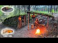 Bushcraft camp in the woods | Moss roof shelter | Turkey roll on fire | outdoor tent, chair, table |