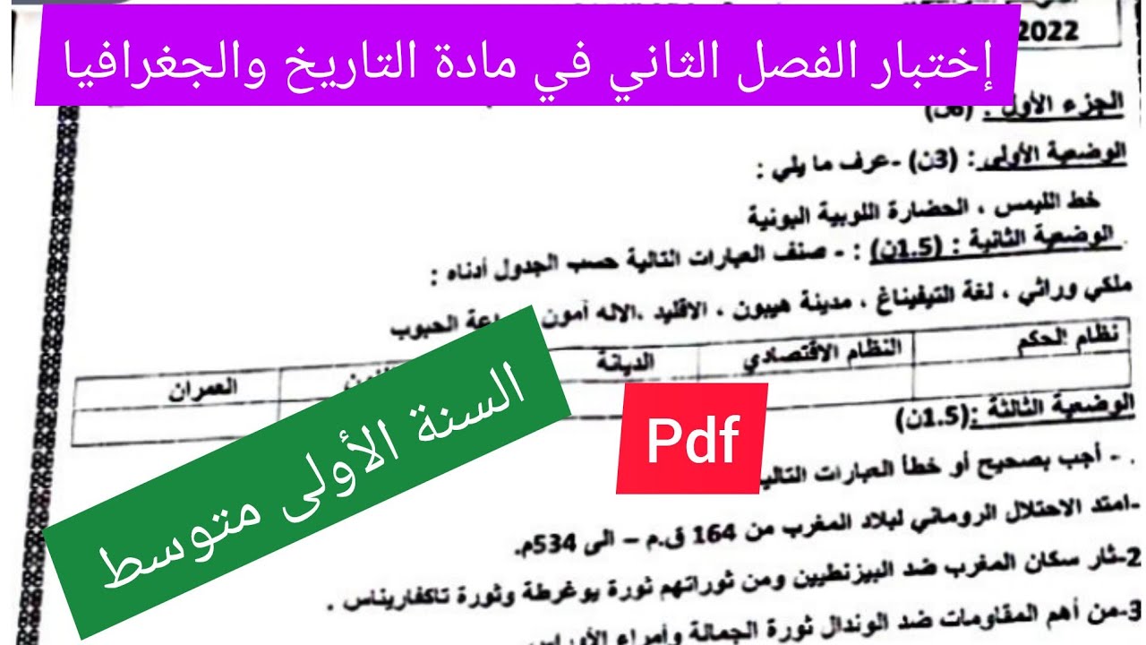 إختبار الفصل الثاني في مادة التاريخ والجغرافيا السنة الأولى متوسط