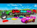 Flatbed Trailer McQueen Transportation with Truck - Speedbumps vs Cars vs Train - BeamNG.Drive #10