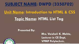 HTML List Tag | DWPD | 3350702  |Mrs. Vaishali Mehta