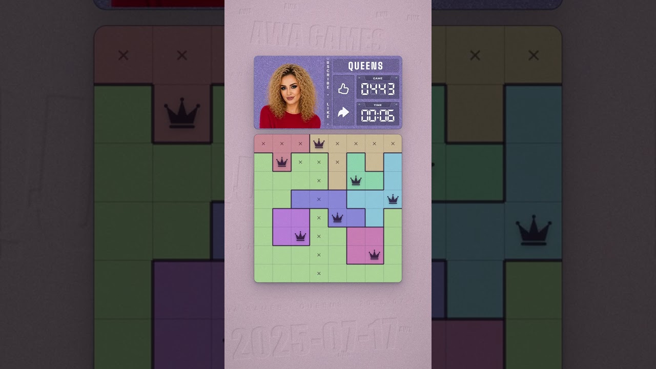 LinkedIn Queens #443 solved board for July 17, 2025, 8x8 grid