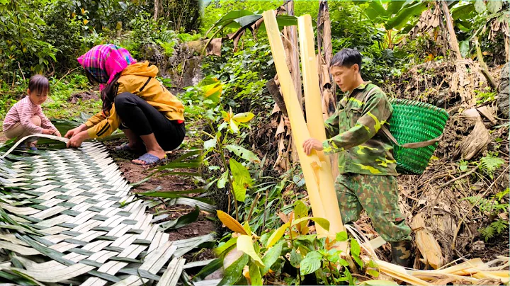 The man searched for wild banana intestines to sell while the child helped the woman weave leaves - DayDayNews