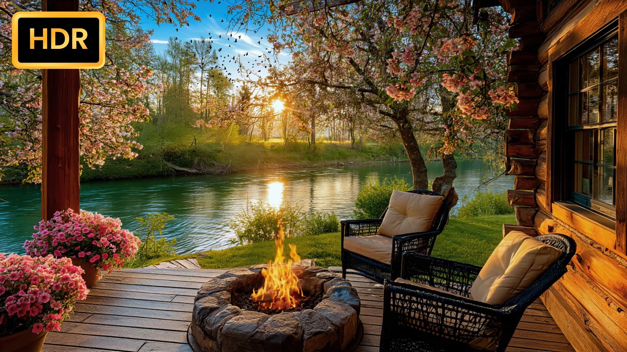 Calm Spring Sunrise by the Riverside Cabin Backyard Campfire and Nature ...