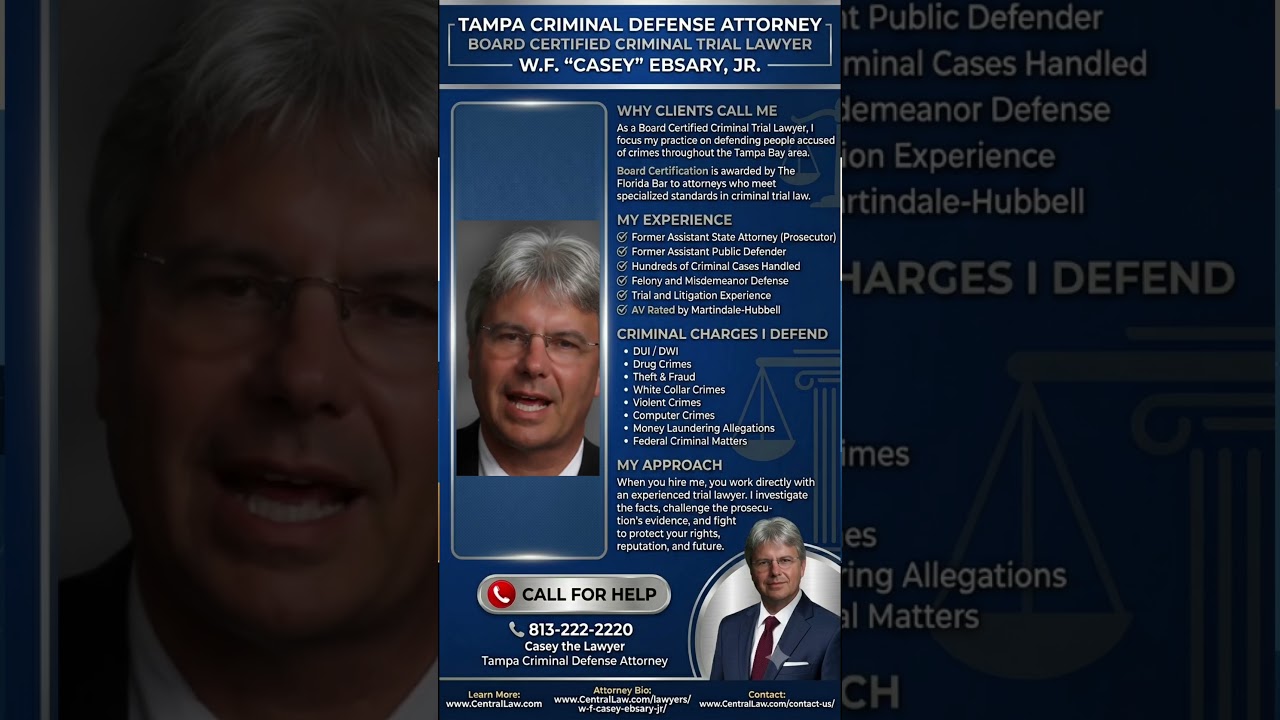 Video: Tampa Board Certified Criminal Trial Expert. Former prosecutor fight to protect rights, challenge evidence, & safeguard your future.