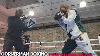 AZINGA FUZILE PAD WORK WITH HIS TRAINER AHEAD OF VACANT IBF WORLD SUPER FEATHERWEIGHT TITLE BOUT