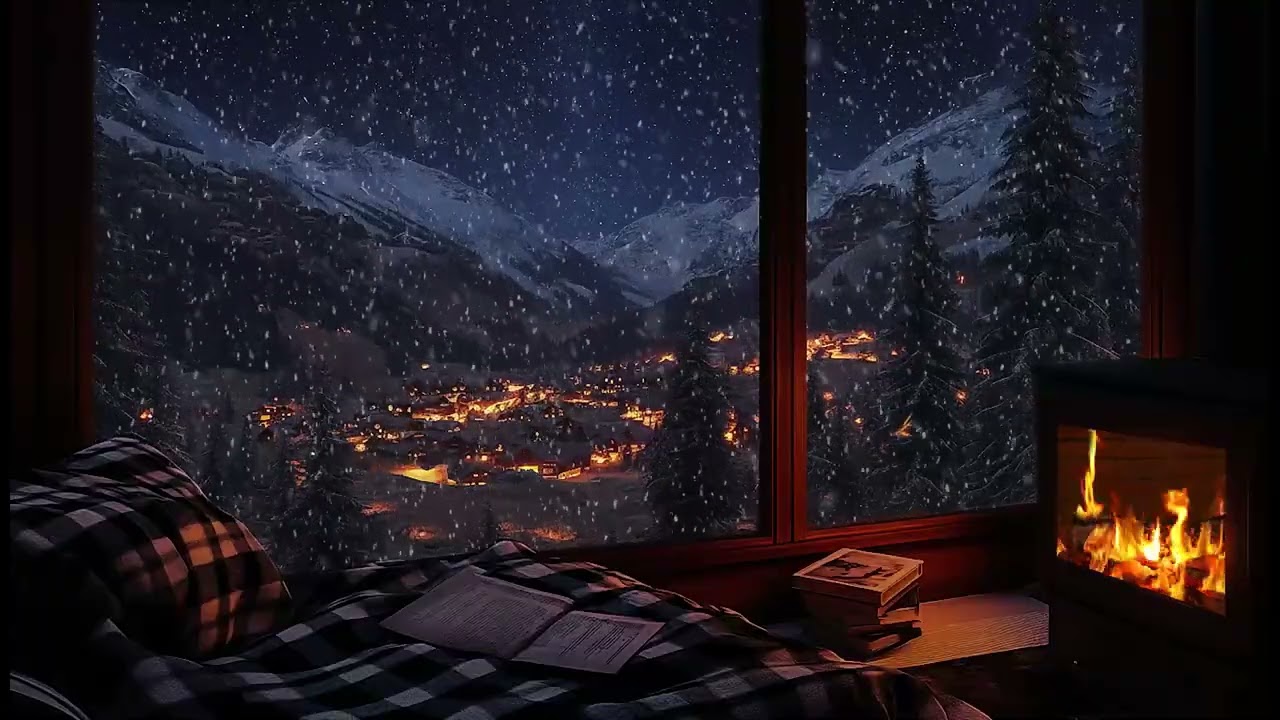 Warm Winter Cabin Night Ambience with Soft Fire Crackles and Snow Sounds for Better Sleep and Focus!