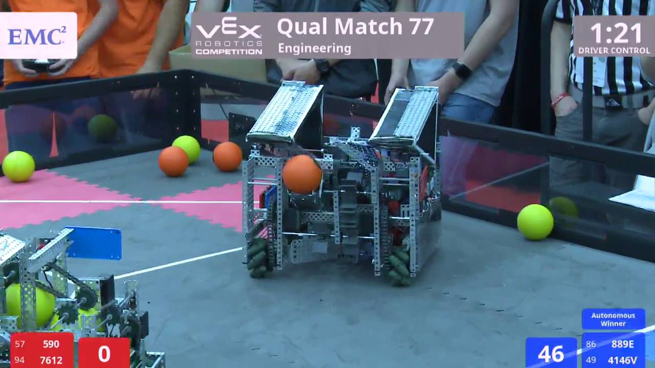 VEX Worlds 2016 - VRC High School - Engineering - Qual 77 (590 7612) 37 vs 176 (889E 4146V)