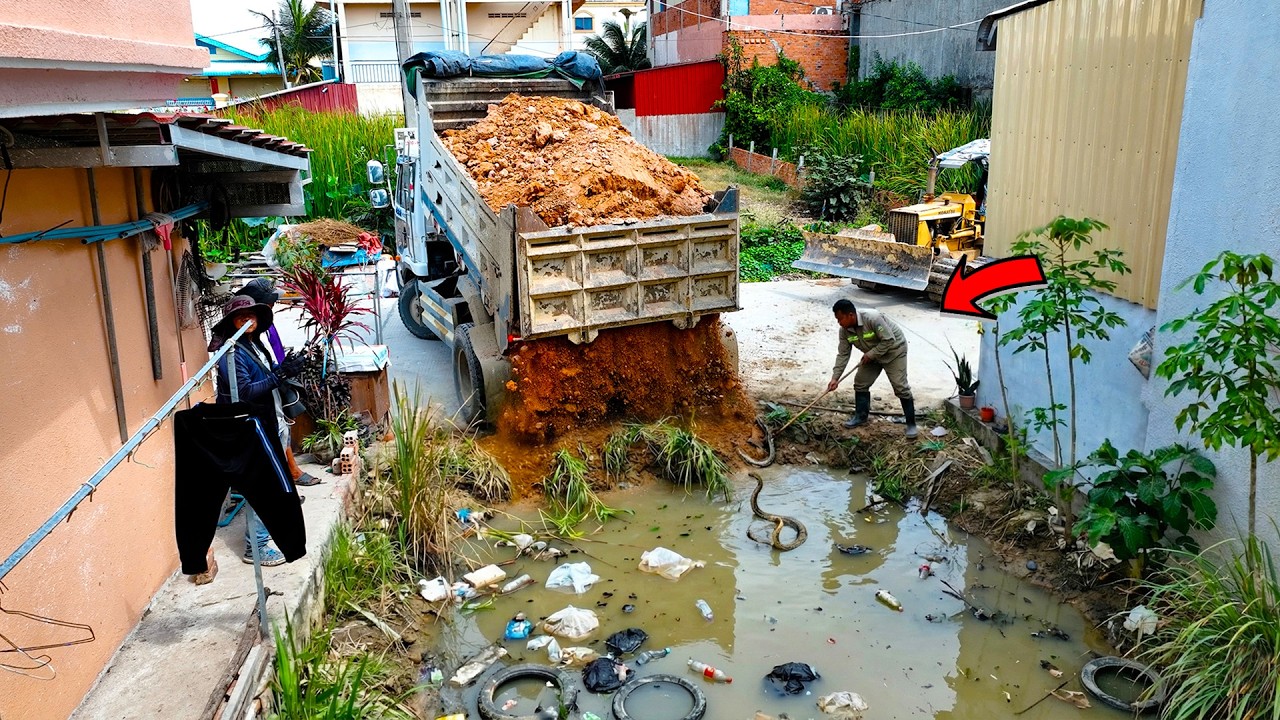 Start Opening a Wonderful Project! Landfill on Flooded Garbage Area Using Skill Dozer with 5T Truck