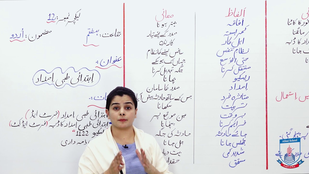 Class 7 - Urdu - Lecture 12 - Ibtadai tibbi imdad - Alfaz Maani - Allied School