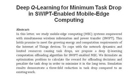 Deep Q Learning for Minimum Task Drop in SWIPT Enabled Mobile Edge Computing