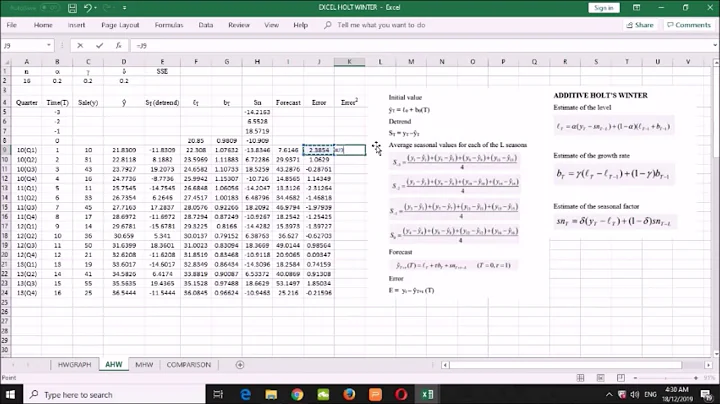 Additive and Multiplicative Holt's Winter: How to perform by using Excel