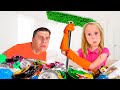 Nastya and friend help Dad in the toy cleaning day