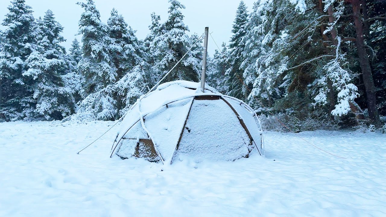 Caught in Heavy Snow! 3 Days Winter Camping Hot Tent, Freezing Cold