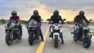 Zx10R Vs BMW S1000RR Vs Z900 Vs Suzuki GSX-S750 | Wheelies, Revvs and loud exhaust sounds!