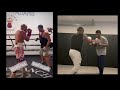 Side-by-side comparison: Jake Paul and Tyron Woodley hitting pads