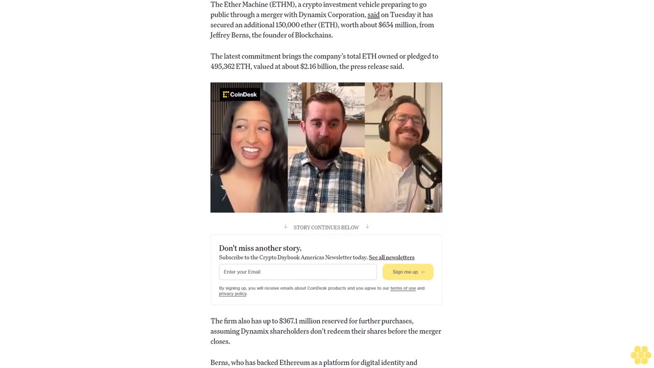 The Ether Machine Gets $654M ETH Investment From Blockchains’ Jeffrey Berns