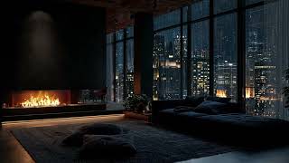 No Ads 🌙 Soft Rain in a Cozy Urban Bedroom 🌧️ | Warm Fireplace Ambience for Deep Sleep screenshot 4