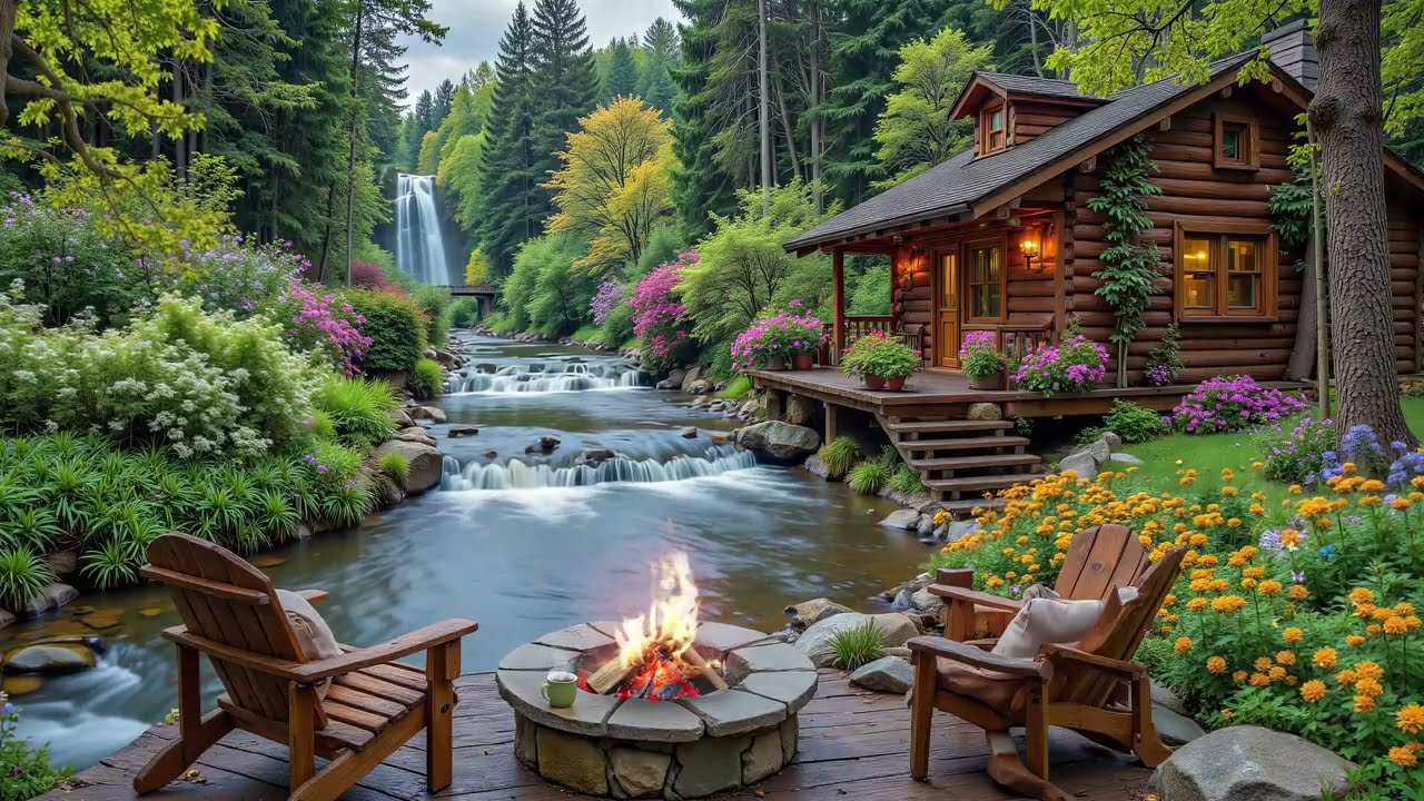 Riverside Retreat with Calm Fire Pit, Birdsongs & Relaxing Piano 🌿 Peaceful Moring Spring Ambience