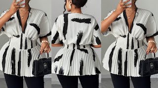EASY DEEP V NECK GATHERED BUST CUT TOGETHER SLEEVE SMOCKED CINCHED WAIST TOP
