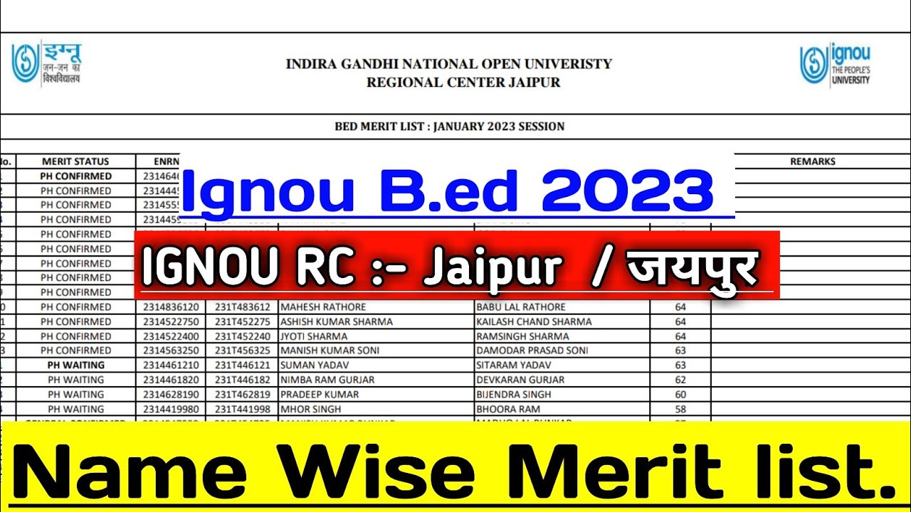 ignou bed merit list January 2023 rc Jaipur || Ignou bed merit list ...