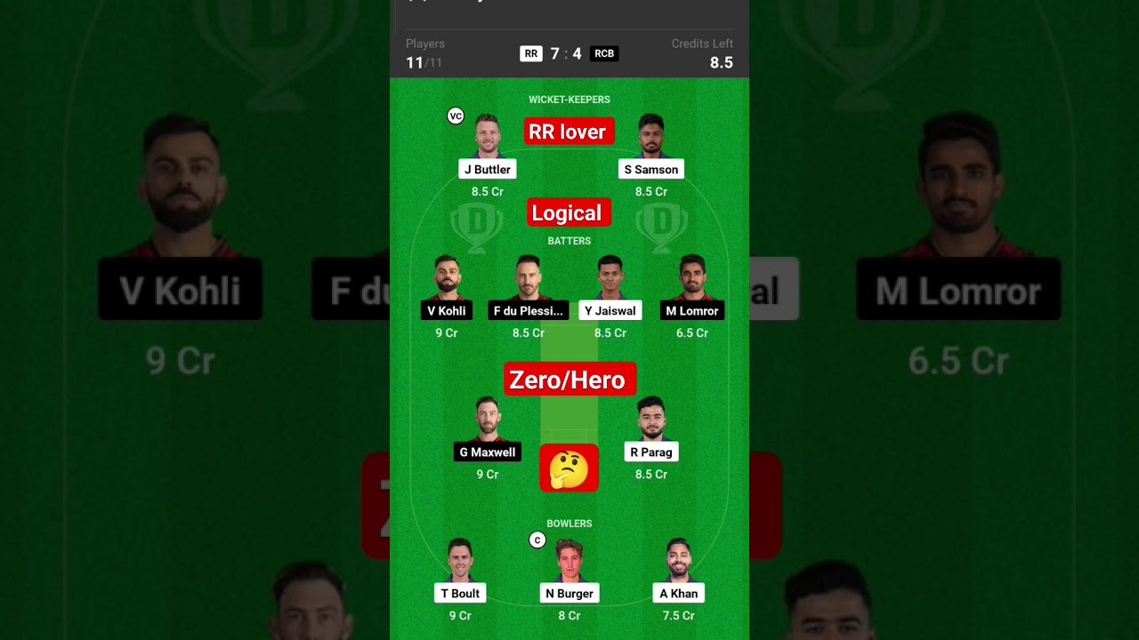 RR vs RCB Dream 11 GL Team and Tricks