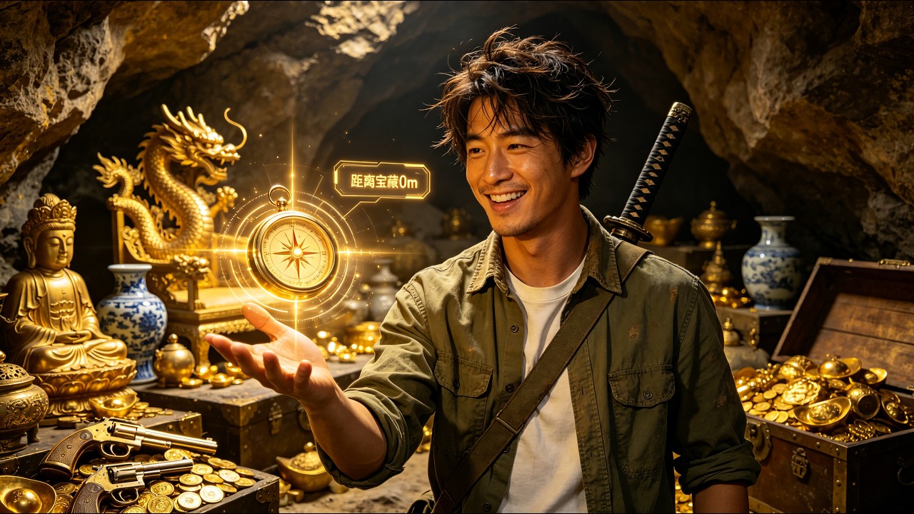 Man activates treasure needle. Needle points to treasure. He finds treasure, gets rich!