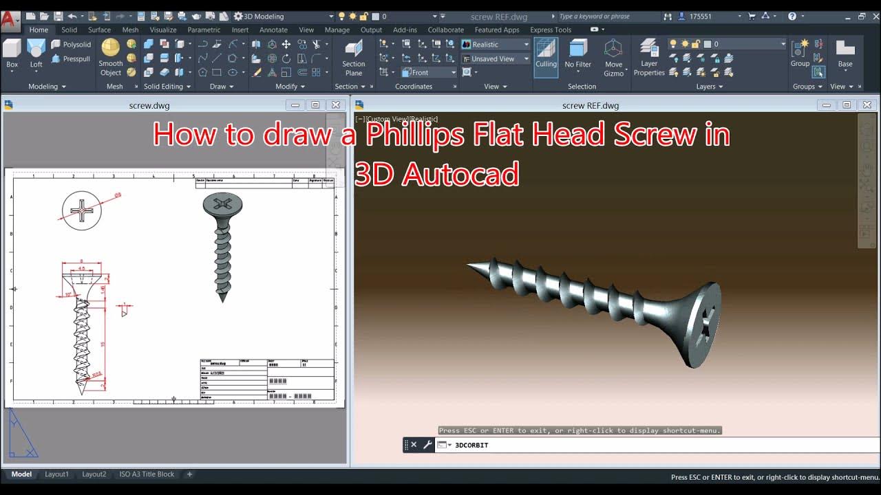 How to draw a Phillips Flat Head Screw in 3D Autocad YouTube