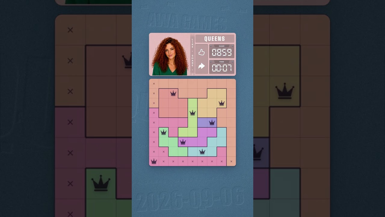 LinkedIn Queens #859 solved board for September 6, 2026, 9x9 grid