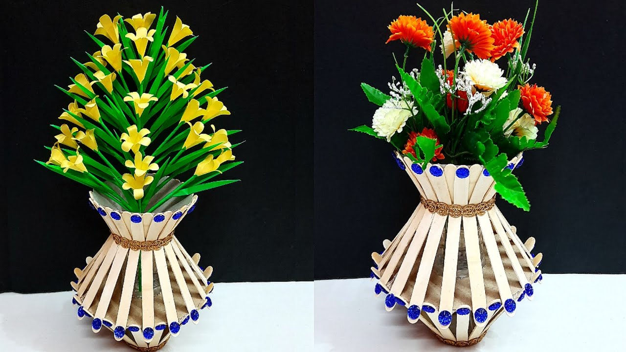 DIY Flower vase/flower pot made with Popsicle stick and plastic bottle DIY room decoration idea