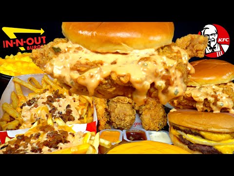 ASMR MUKBANG ANIMAL STYLE IN-N-OUT BURGER KFC CRISPY CHICKEN & ANIMAL STYLE FRIES | WITH CHEESE