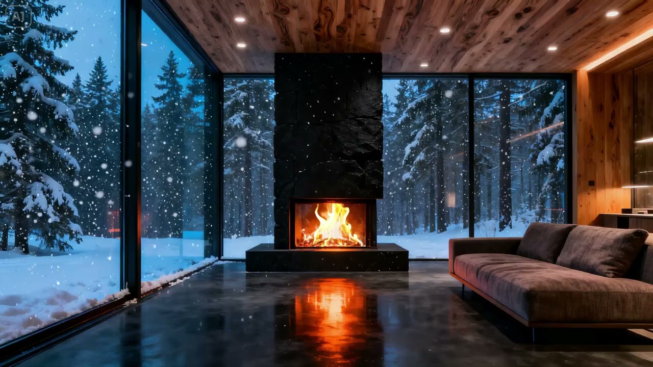 Snowy Pines at Blue Hour ❄️🔥 Minimalist Winter Retreat and Warm Firelight